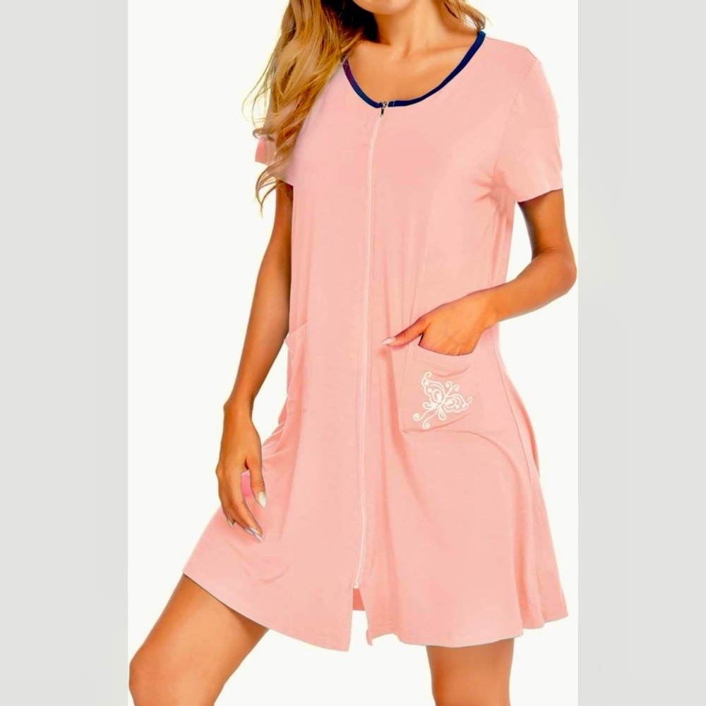 NWT SWOMOG Women's Zip Up Housecoat Short Sleeve Pink Robe / 3XL